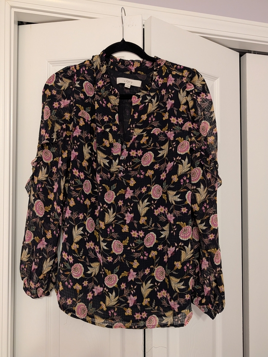 LOFT Tops - LOFT Black Floral Split-Neck Long Sleeve Blouse - Pink & Cream Roses